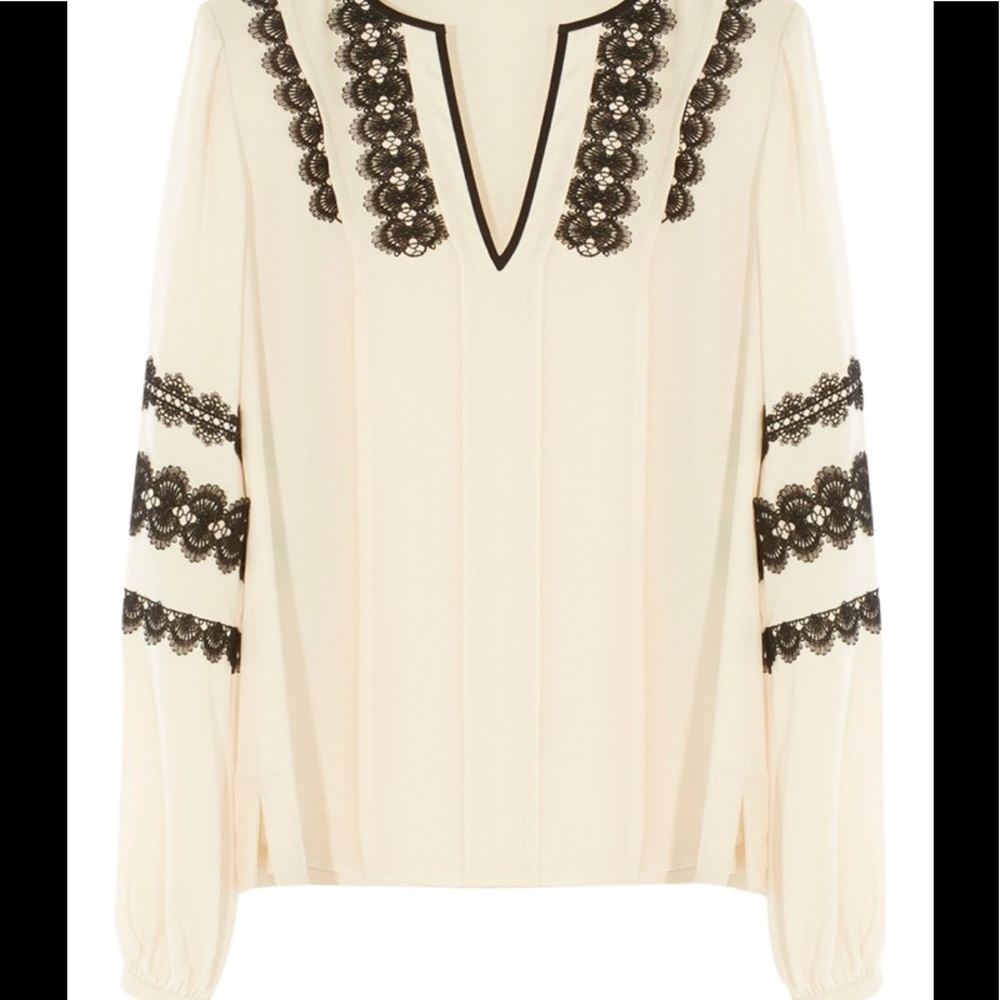 Karen Millen Women’s Long Sleeve Cream Lace Vintage Boho Blouse Size 2 or XS